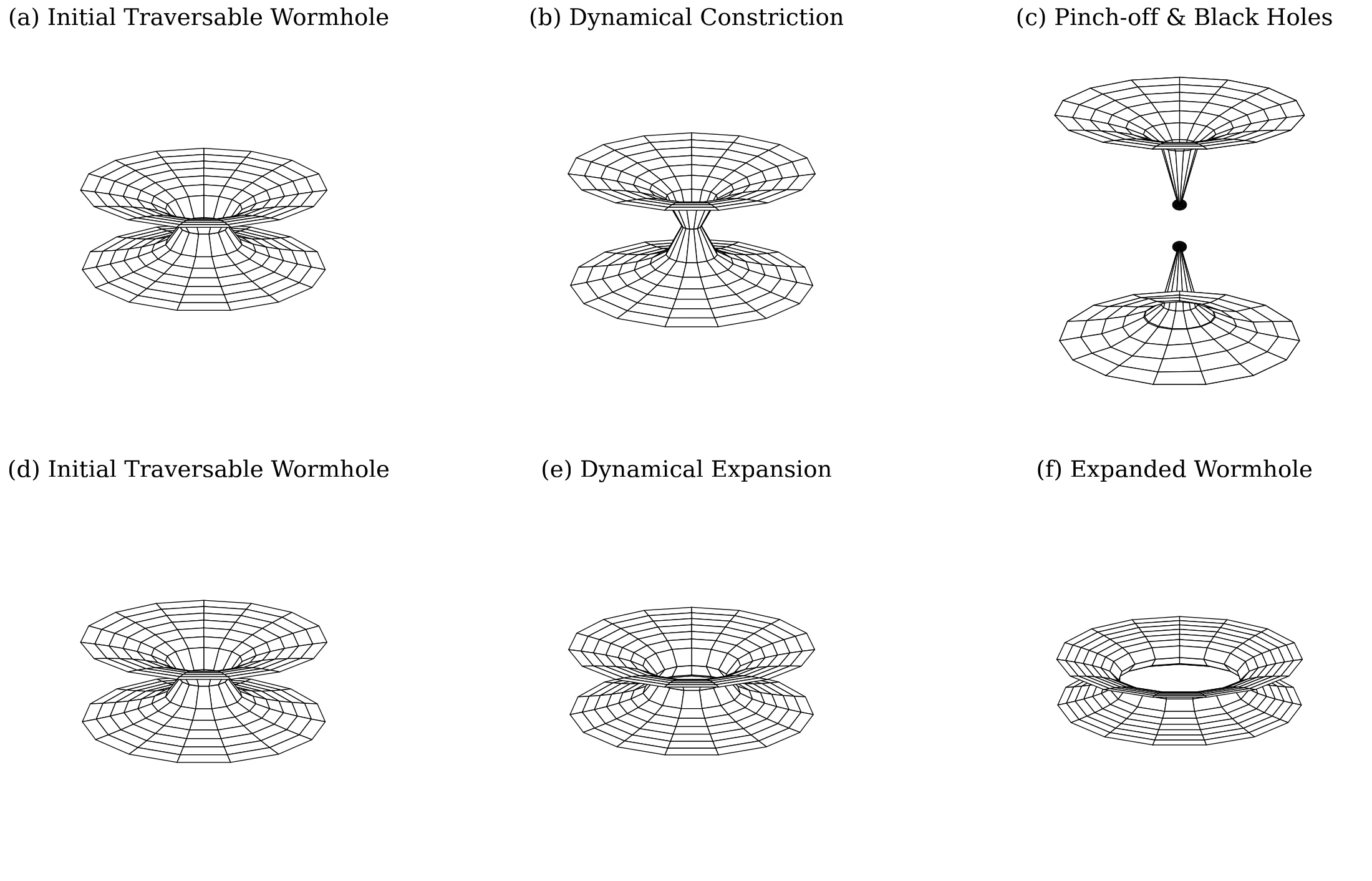 Wormhole dynamics, Fig. 1 — Embedding diagrams of the two instability pathways: compressive collapse to pinch-off (top) and rarefactive expansion (bottom).