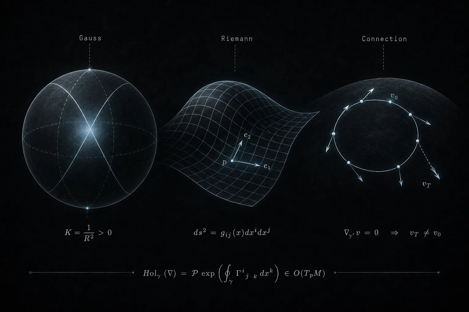 Gauss, Riemann and the connection: curvature of a sphere, the metric on a curved surface, and parallel transport around a loop